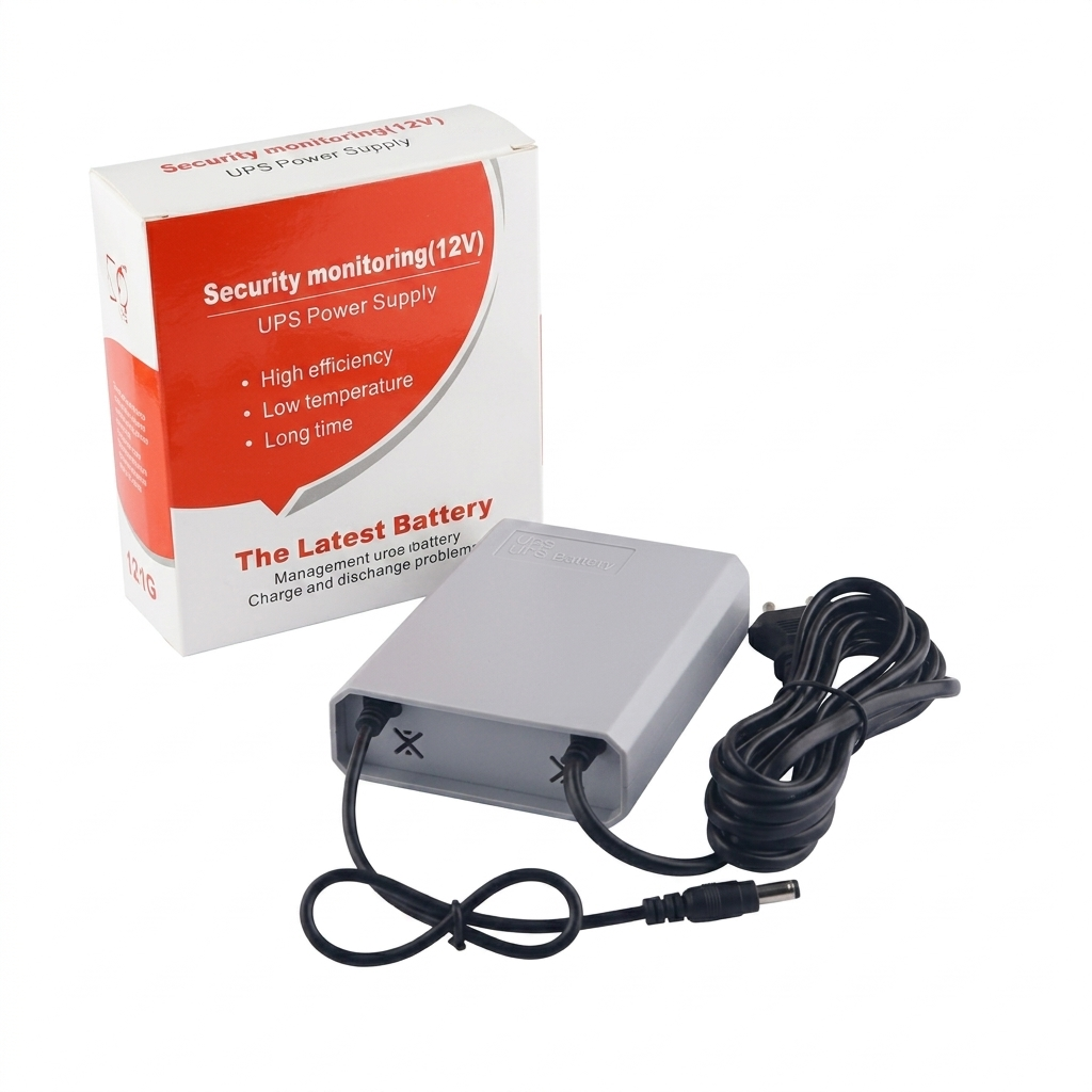 Mini UPS 12V power bank with adapter and packaging