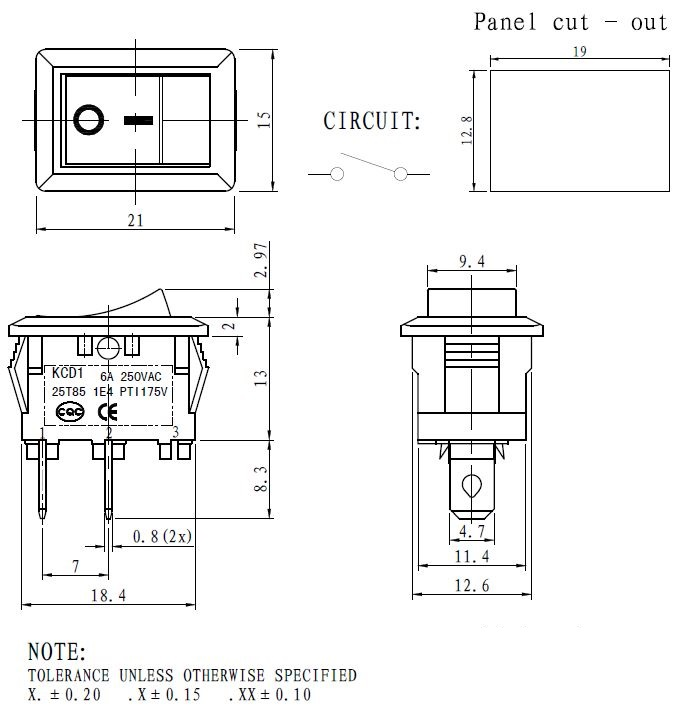 2-Pin KCD1-101 Rocker Switch Red - Dimensions Diagram