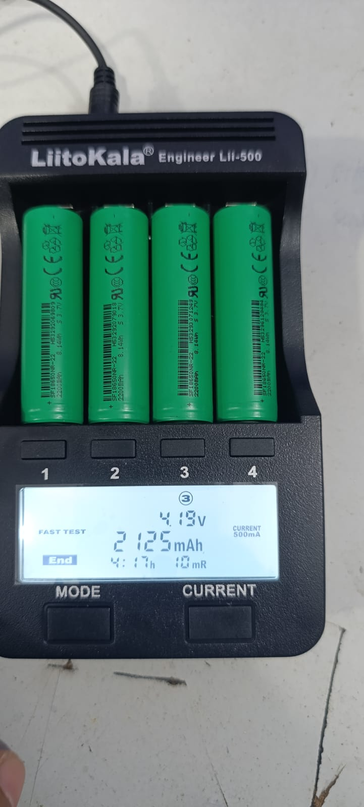 18650 battery capacity test on LiitoKala Lii-500, cell 3: 2125mAh