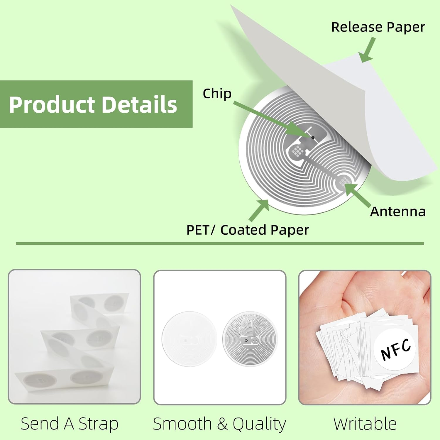 NTAG215 NFC sticker product details – chip, antenna, PET substrate