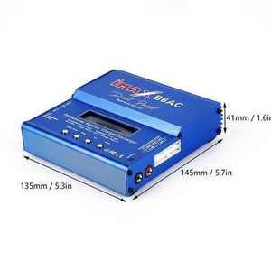 Imax 80W NiMH 3s Rc LiPo Battery Balance Charger Discharger B6ac - a blue rectangular device featuring a digital display, four control buttons, output ports, and dimension labels in mm and inches.