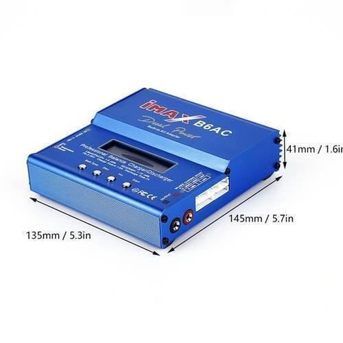 Imax 80W NiMH 3s Rc LiPo Battery Balance Charger Discharger B6ac - a blue rectangular device featuring a digital display, four control buttons, output ports, and dimension labels in mm and inches.