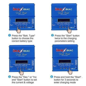 Imax 80W NiMH 3s Rc LiPo Battery Balance Charger Discharger B6ac - a blue rectangular device with an LCD screen and four buttons, shown in a four-step instructional diagram for setting battery modes.