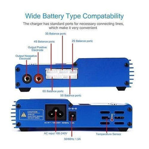 Imax 80W NiMH 3s Rc LiPo Battery Balance Charger Discharger B6ac - front and back views with labeled balance ports, power input, and sensor ports.