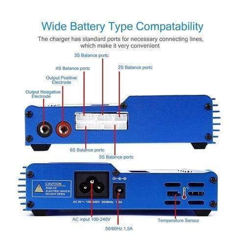 Imax 80W NiMH 3s Rc LiPo Battery Balance Charger Discharger B6ac - front and back views with labeled balance ports, power input, and sensor ports.