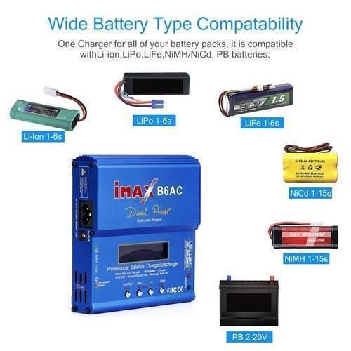 Imax 80W NiMH 3s Rc LiPo Battery Balance Charger Discharger B6ac - its LCD screen, four control buttons, power ports, and surrounding icons of various compatible battery types.