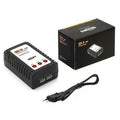 Imax B3ac Compact Balance Charger For 2s–3s LiPo Batteries - shown with its black box, a power cord, and the black charger unit featuring three red status LEDs and two ports.