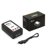 Imax B3ac Compact Balance Charger For 2s–3s LiPo Batteries - shown with its black box, a power cord, and the black charger unit featuring three red status LEDs and two ports.