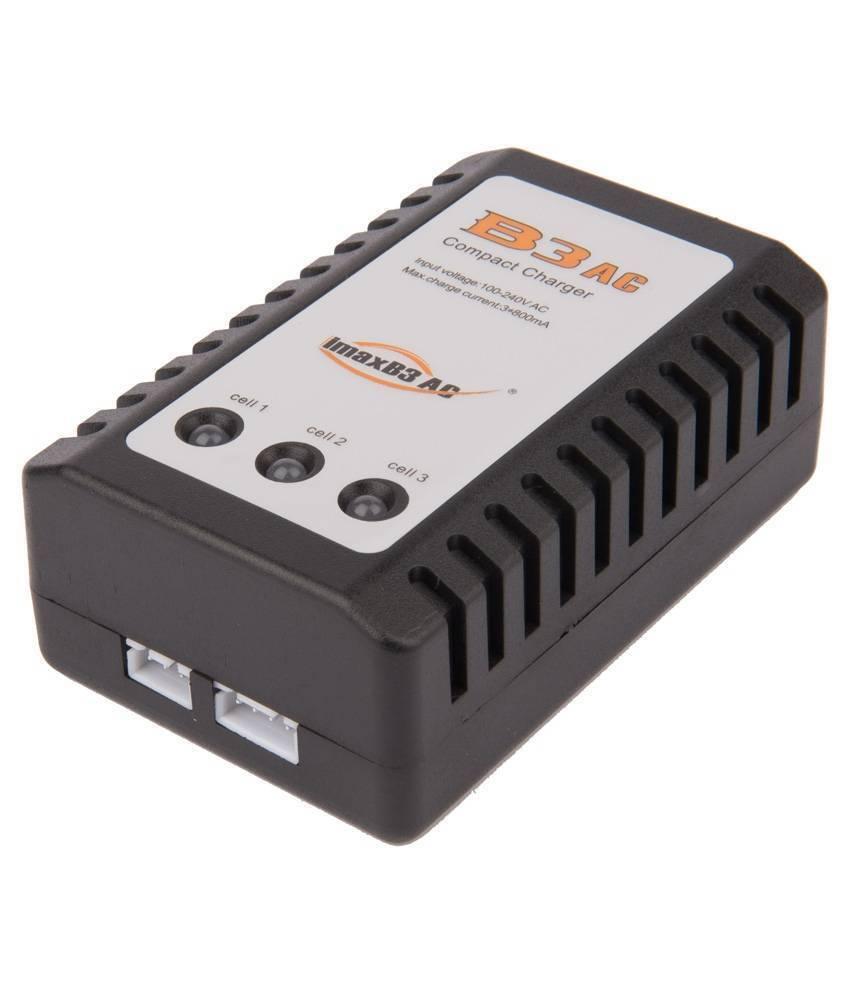 Imax B3ac Compact Balance Charger For 2s–3s LiPo Batteries - a black rectangular device with three LED status indicators for cell 1, 2, and 3 and two white ports on the side.