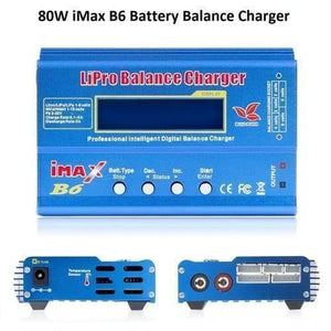 Imax B6 Mini 80W 5A Digital DC Battery Balance Charger XT60 Plug With Adapter - shown from three angles, featuring a blue casing, LCD screen, four control buttons, and various ports and connectors.