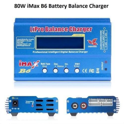 Imax B6 Mini 80W 5A Digital DC Battery Balance Charger XT60 Plug With Adapter - shown from three angles, featuring a blue casing, LCD screen, four control buttons, and various ports and connectors.