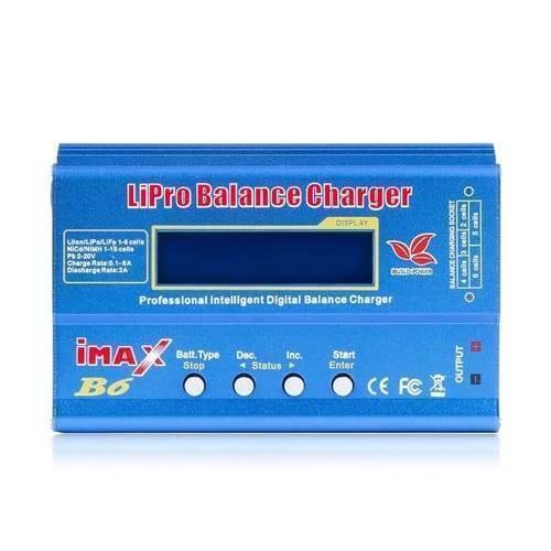 Imax B6 Mini 80W 5A Digital DC Battery Balance Charger XT60 Plug With Adapter - a blue rectangular device featuring a central LCD screen, four control buttons, and labeled output and balance ports.