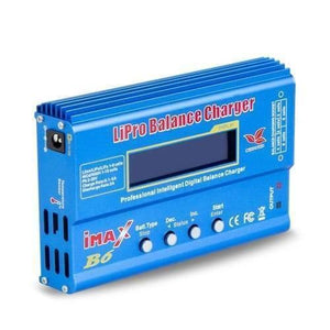 Imax B6 Mini 80W 5A Digital DC Battery Balance Charger XT60 Plug With Adapter - a blue, rectangular electronic device featuring a central LCD screen, four control buttons, and various side ports.