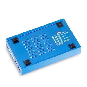 Imax B6 Mini 80W 5A Digital DC Battery Balance Charger XT60 Plug With Adapter - the blue underside with four rubber feet, ventilation slots, and a warning label.
