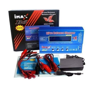 Imax B6 Mini 80W 5A Digital DC Battery Balance Charger XT60 Plug With Adapter - with blue housing, LCD screen, four control buttons, power adapter, and various charging cables displayed with its box.