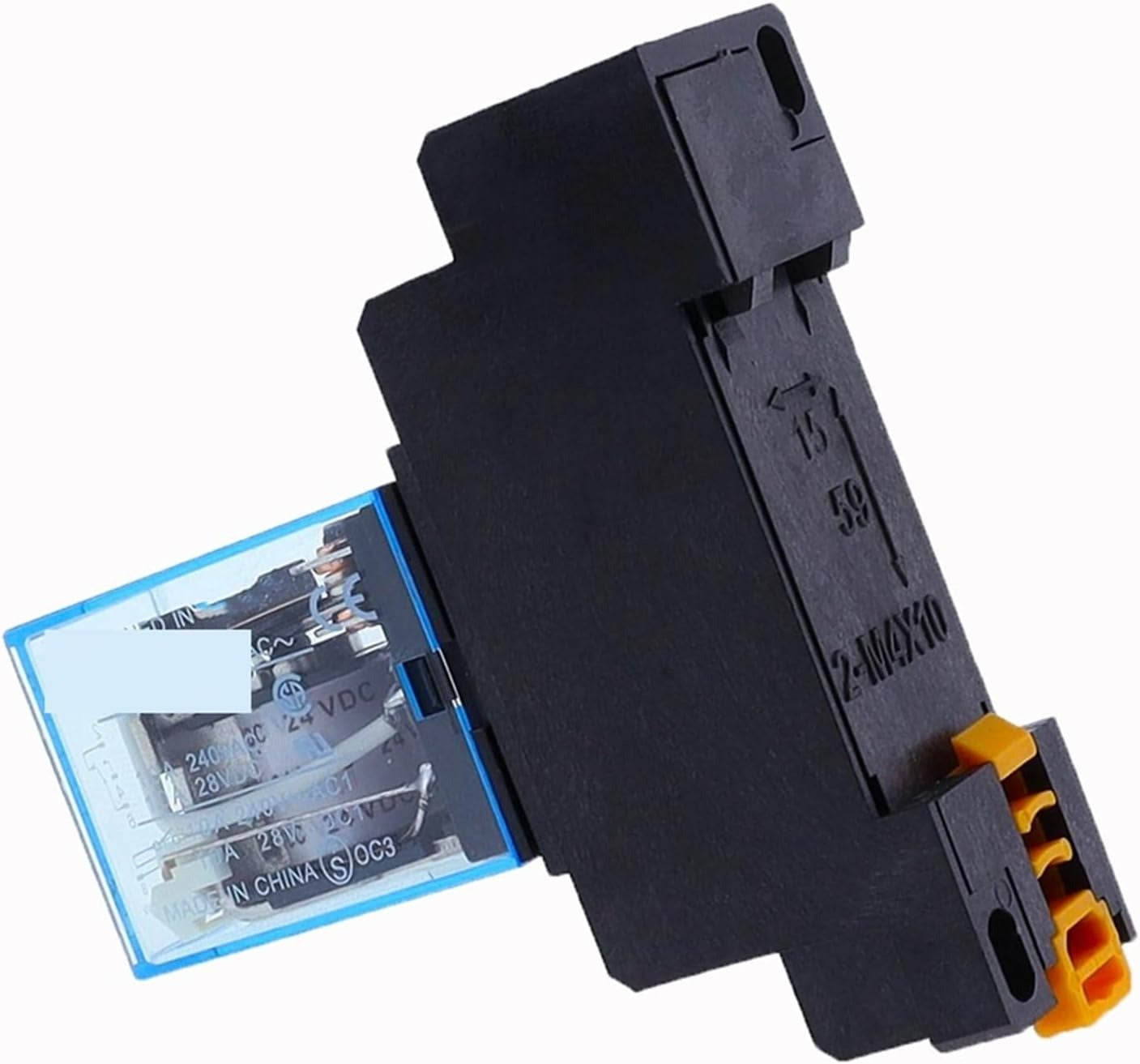 Ime JZX-13F-2 8 Pin AC 24V 12 Amp Electromagnetic Power Coil Relay 12A AC - a blue relay component attached to a black DIN rail mounting socket base.