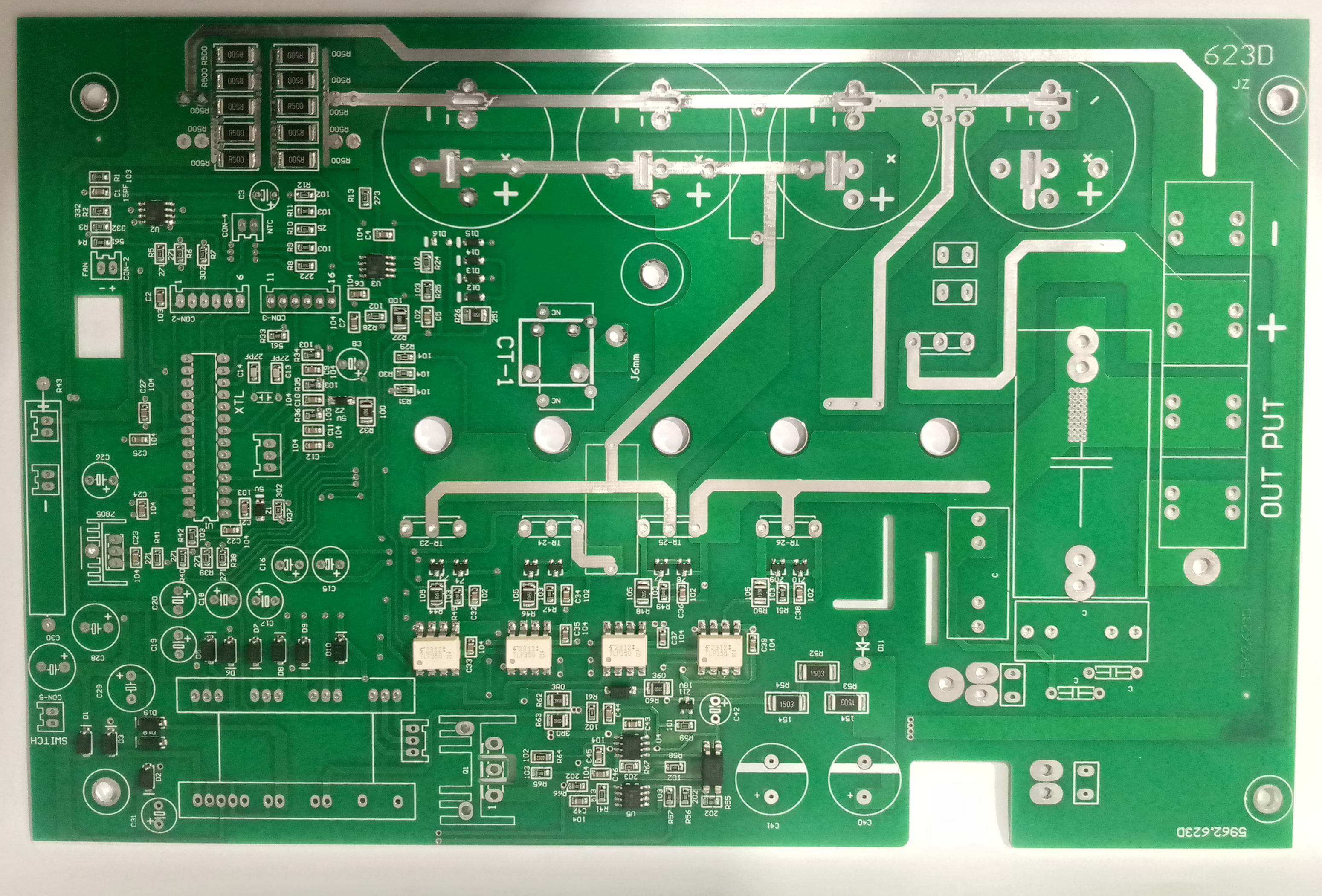 Imported 4 IGBT 5kVA Solar Inverter PCB With Pre Assembled SMD Components For Inverter Manufacturers Not Hobbyists - a green rectangular circuit board populated with SMD components, capacitors, and output terminal pads.