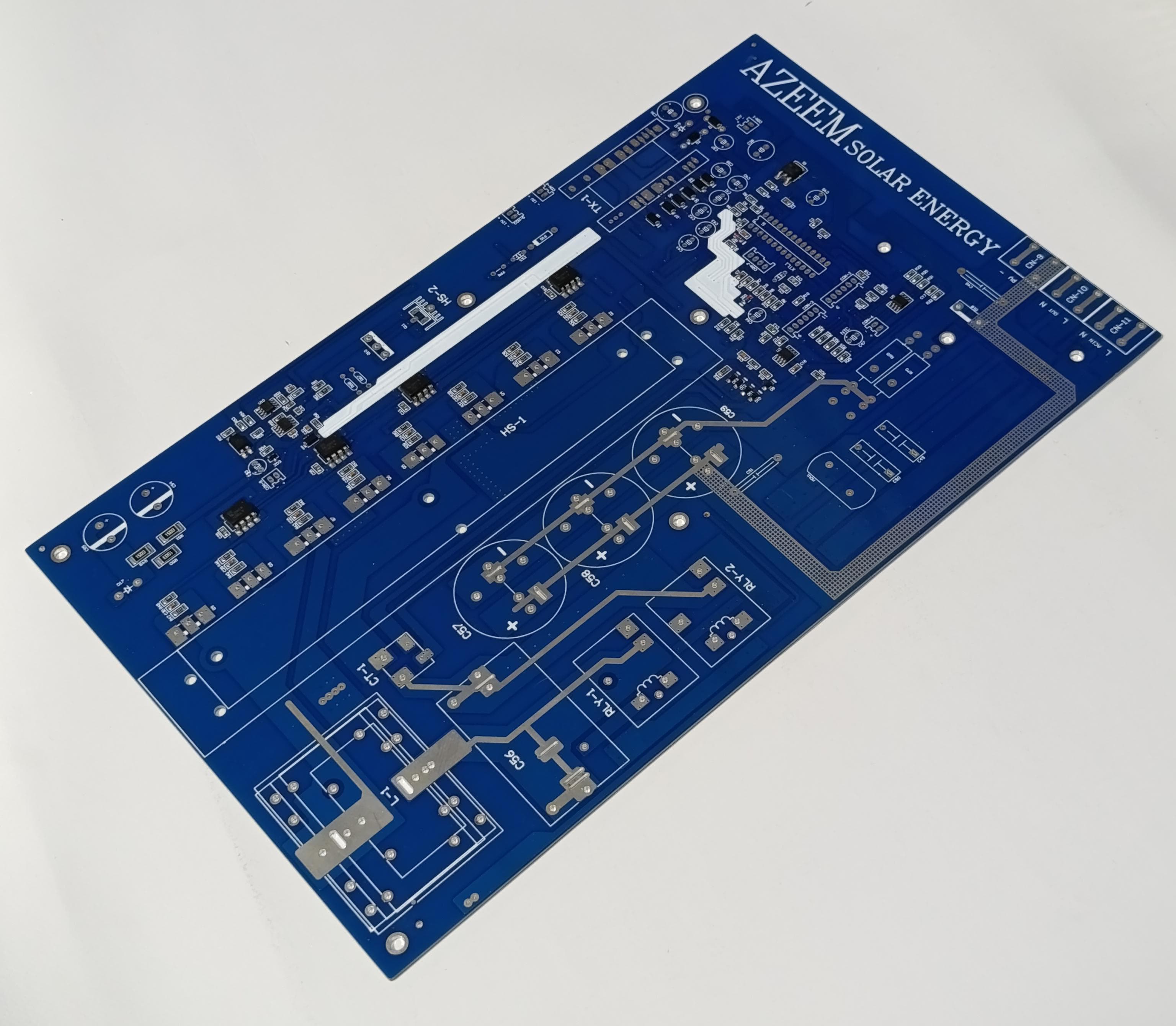 Imported 8 IGBT Solar Inverter PCB With Pre Assembled SMD Components - a blue rectangular circuit board with labeled slots and mounting holes.