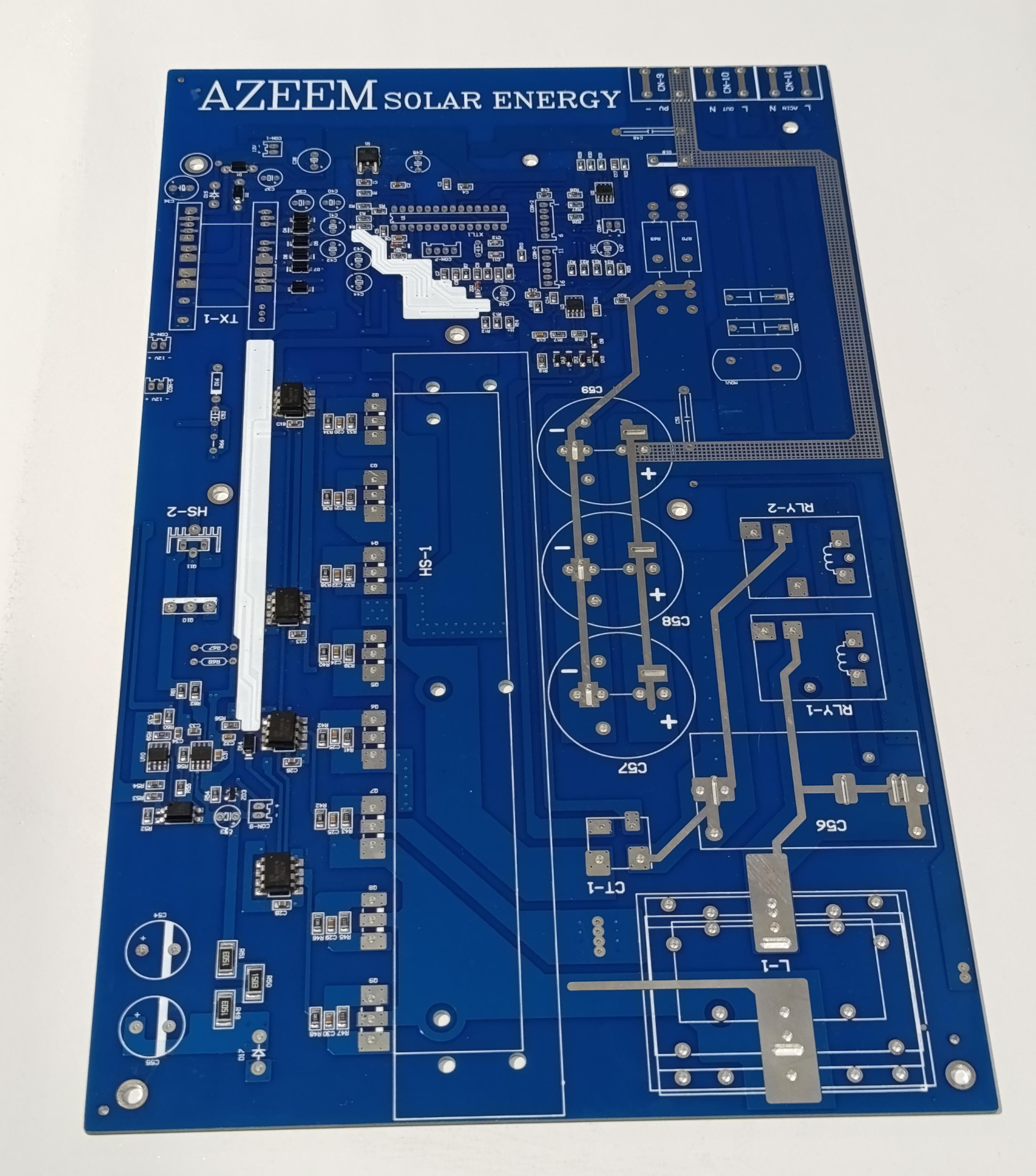 Imported 8 IGBT Solar Inverter PCB With Pre Assembled SMD Components - a blue circuit board with pre-assembled SMD components, labeled "AZEEM SOLAR ENERGY" with various terminal ports.