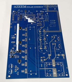Imported 8 IGBT Solar Inverter PCB With Pre Assembled SMD Components - a blue circuit board with pre-assembled SMD components, labeled "AZEEM SOLAR ENERGY" with various terminal ports.