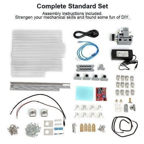Imported CNC Engraving PCB Milling Machine Wood Carving CNC 3018 - a flat-lay of all disassembled components, aluminum profiles, motors, and hardware.