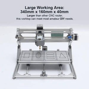Imported CNC Engraving PCB Milling Machine Wood Carving CNC 3018 - a silver aluminum frame, a central motor, and a worktop with engraved geometric shapes and text dimensions.