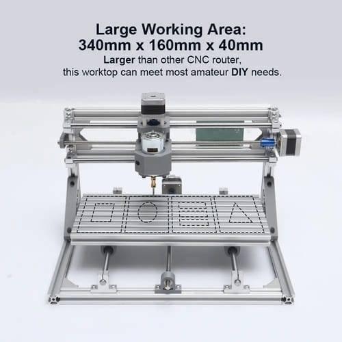 Imported CNC Engraving PCB Milling Machine Wood Carving CNC 3018 - a silver aluminum frame, a central motor, and a worktop with engraved geometric shapes and text dimensions.