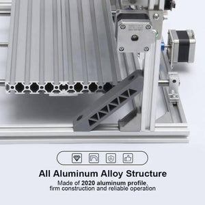 Imported CNC Engraving PCB Milling Machine Wood Carving CNC 3018 - a close-up view of the silver aluminum alloy frame, stepper motors, and a grey triangular support bracket.