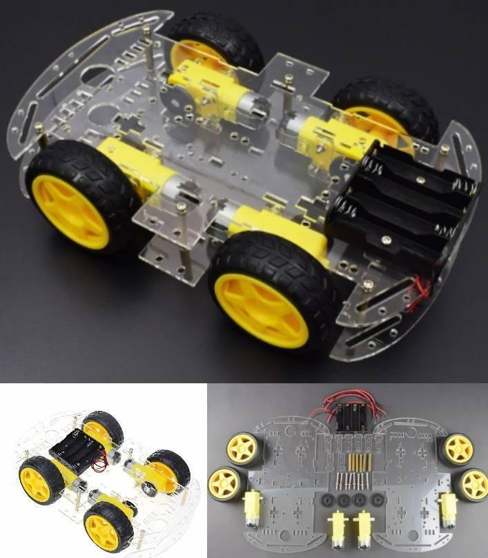 Imported Original 4wd Smart Robot Car Chassis Kit For Arduino - shown as an assembled clear acrylic chassis with four yellow wheels and a battery holder.