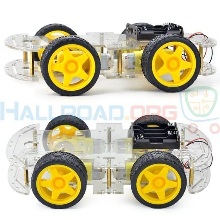 Imported Original 4wd Smart Robot Car Chassis Kit For Arduino - shown from two angles, featuring a clear acrylic frame, yellow wheels, and a battery holder.