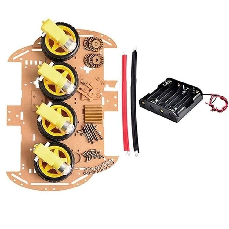 Imported Original 4wd Smart Robot Car Chassis Kit For Arduino - the chassis plate, four yellow motors with wheels, battery holder, and hardware.