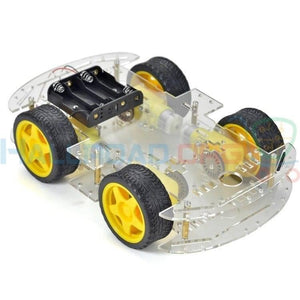 Imported Original 4wd Smart Robot Car Chassis Kit For Arduino - a clear acrylic frame with four yellow wheels, two motors, and a battery holder.