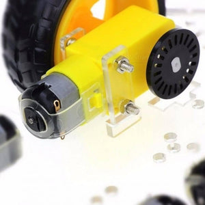 Imported Original 4wd Smart Robot Car Chassis Kit For Arduino - a close-up of a yellow DC motor attached to a wheel and a black encoder disc.