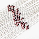 IN4148 1N4148 Diode - a collection of small glass-bodied diodes with red and black markings and long metal leads arranged diagonally on a white background.