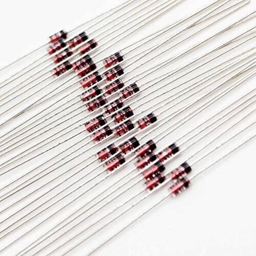 IN4148 1N4148 Diode - a collection of small glass-bodied diodes with red and black markings and long metal leads arranged diagonally on a white background.