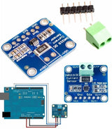 INA219 Bi-direction DC Current Power Supply Sensor Module Gy-219 Module - two blue circuit boards, a green screw terminal, and a header pin strip with an Arduino.