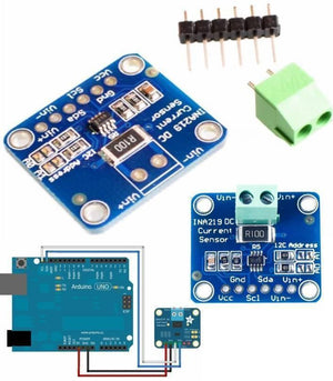 INA219 Bi-direction DC Current Power Supply Sensor Module Gy-219 Module - two blue circuit boards, a green screw terminal, and a header pin strip with an Arduino.