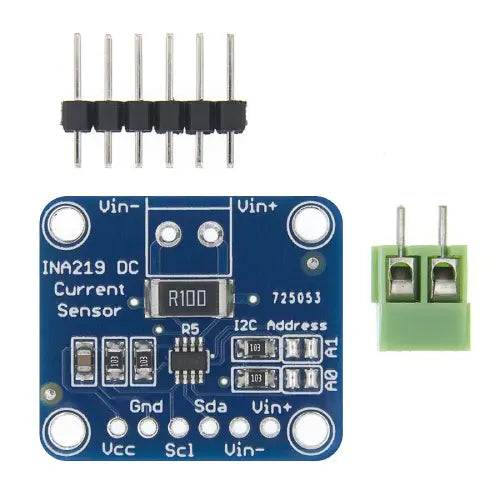 INA219 Bi-direction DC Current Power Supply Sensor Module Gy-219 Module - a blue circuit board with an R100 resistor, a 6-pin header, and a 2-pin green screw terminal connector.