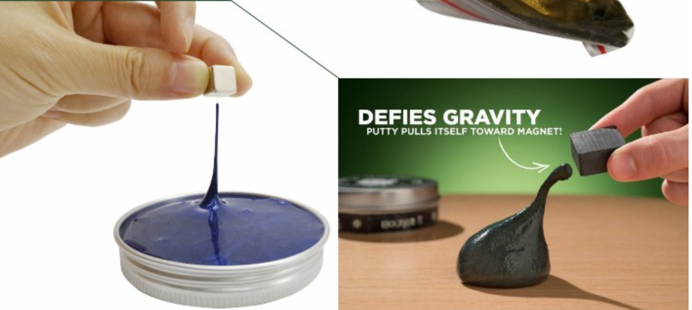 Incredible Magnetic Putty Tin Pack - STEM Science Experiment Toy - blue and dark grey putty being stretched and pulled by magnets held by hands.