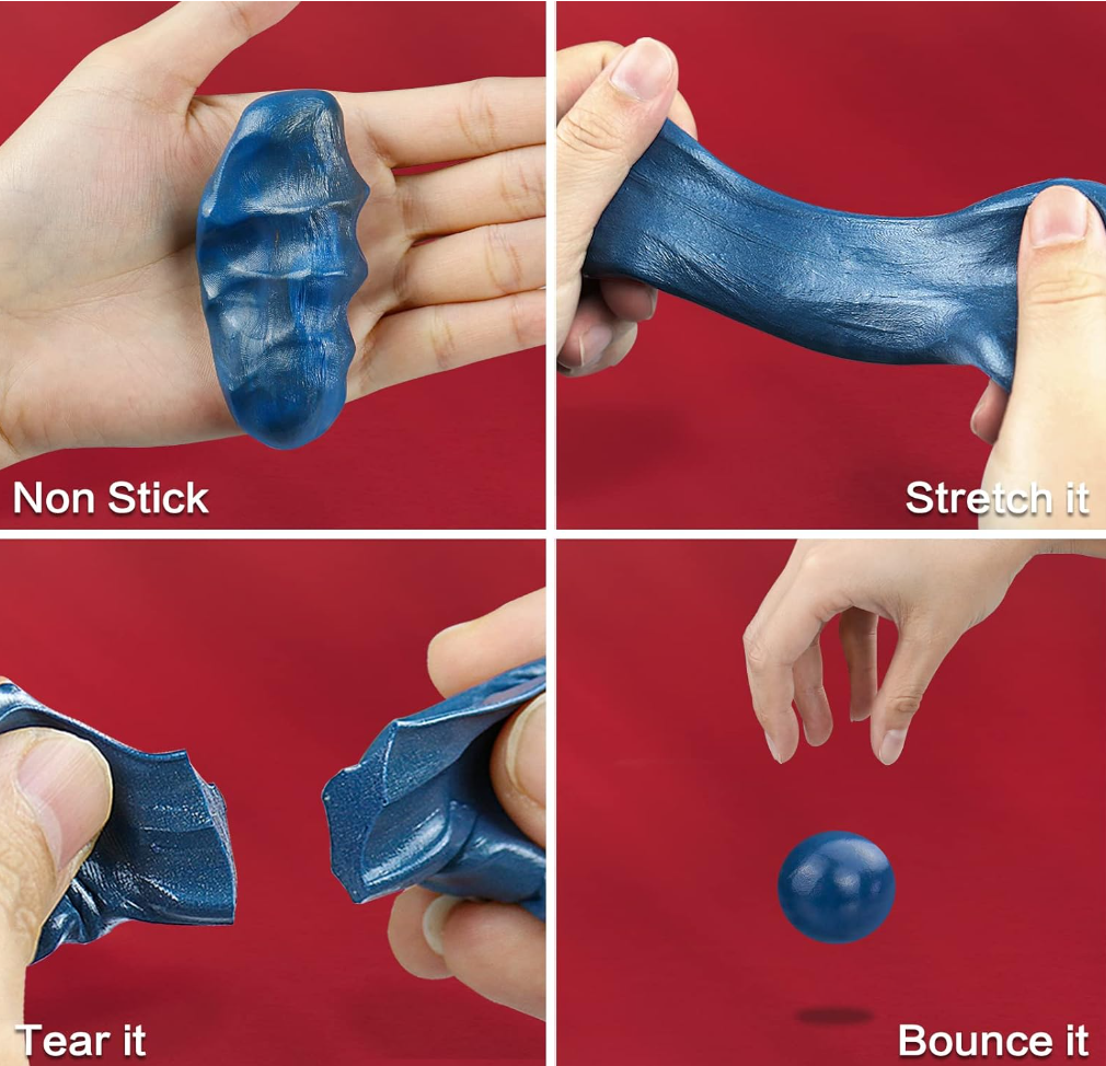 Incredible Magnetic Putty Tin Pack - STEM Science Experiment Toy - four panels demonstrating the blue putty being held, stretched, torn, and bounced on a red background.