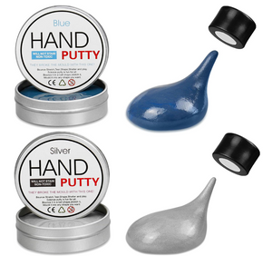 Incredible Magnetic Putty Tin Pack - STEM Science Experiment Toy - blue and silver putty in open metal tins with matching magnetic cylinders pulling the putty upward.