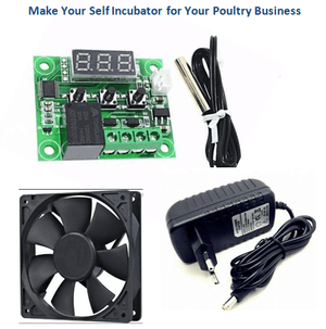 Incubator Controller Kit W1209+ 3 Inch Fan+power Supply Adapter 12V 1A - and 12V 1A power adapter, showing a green circuit board with a digital display, three buttons, and a sensor.