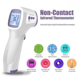 Industrial Forehead Non Contact Infrared IR Thermometer Temperature Industrial Gun T-01 - a white and purple gun-shaped device with a digital display reading 36.3 and feature icons.
