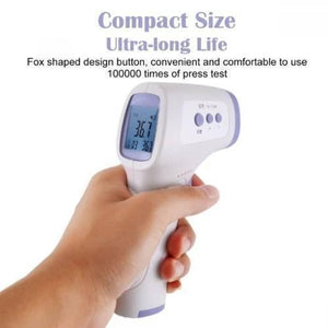 Industrial Forehead Non Contact Infrared IR Thermometer Temperature Industrial Gun T-01 - shown in a hand, featuring a white and purple body with a digital display reading 36.7.