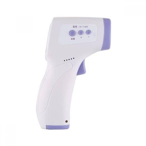 Industrial Forehead Non Contact Infrared IR Thermometer Temperature Industrial Gun T-01 - a white and purple handheld device with three control buttons on the side.