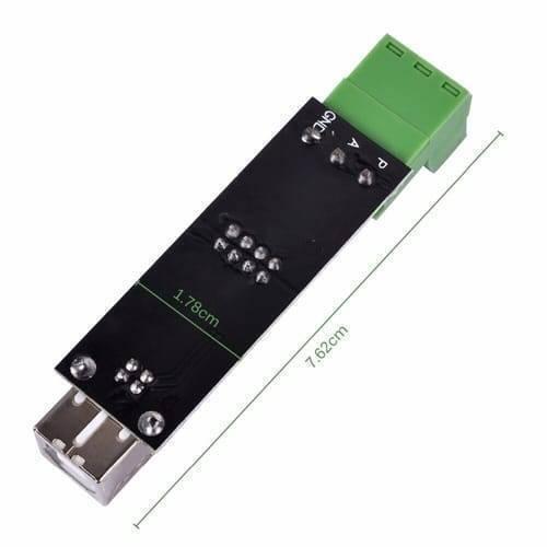 Industrial Ft232 USB To RS485 TTL Serial Converter Adapter Module - a black circuit board with a USB port, a green terminal block, and dimensions.