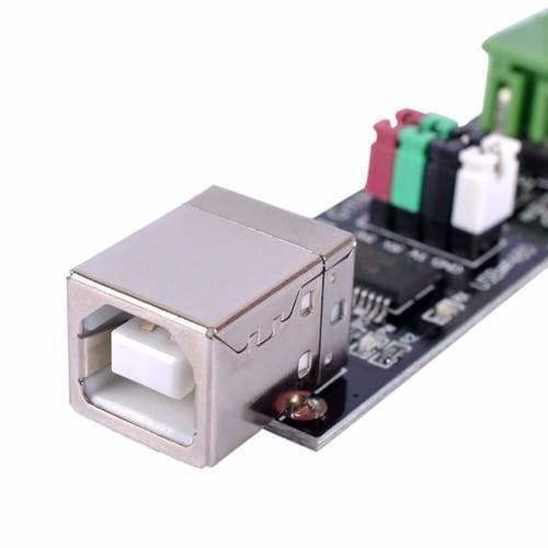 Industrial Ft232 USB To RS485 TTL Serial Converter Adapter Module - a close-up of the USB Type-B port, terminal blocks, and circuit board.