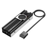 Ineo M.2 Heatsink SSD Cooler With 20mm Cooling Fan - Model C2600-II For Nvme 2280 SSD - a black and silver metal heatsink with a central cooling fan and an attached black power cable with a connector.