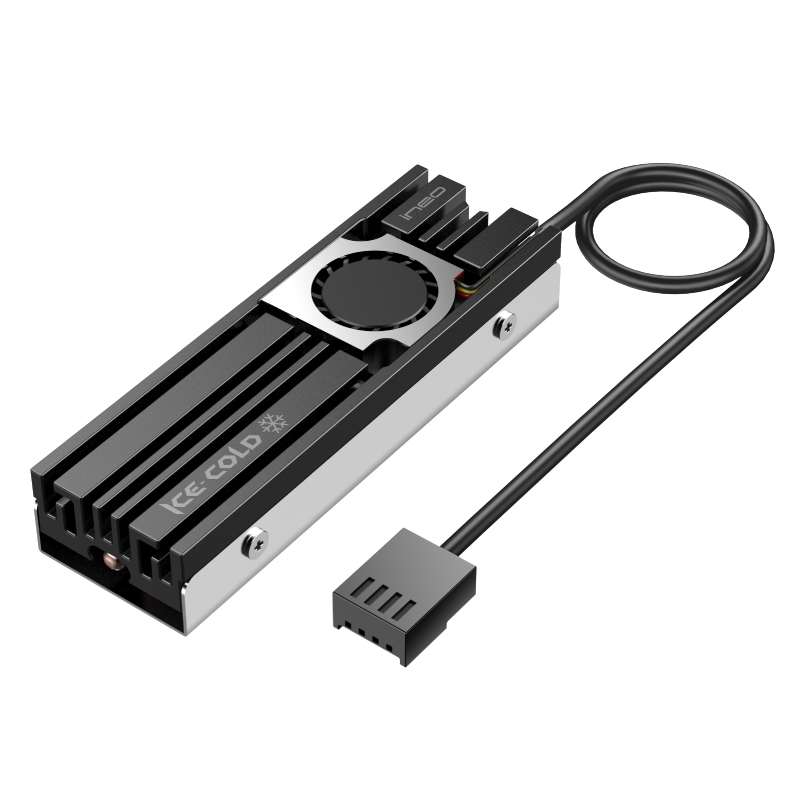 Ineo M.2 Heatsink SSD Cooler With 20mm Cooling Fan - Model C2600-II For Nvme 2280 SSD - a black and silver metal heatsink with a central cooling fan and an attached black power cable with a connector.