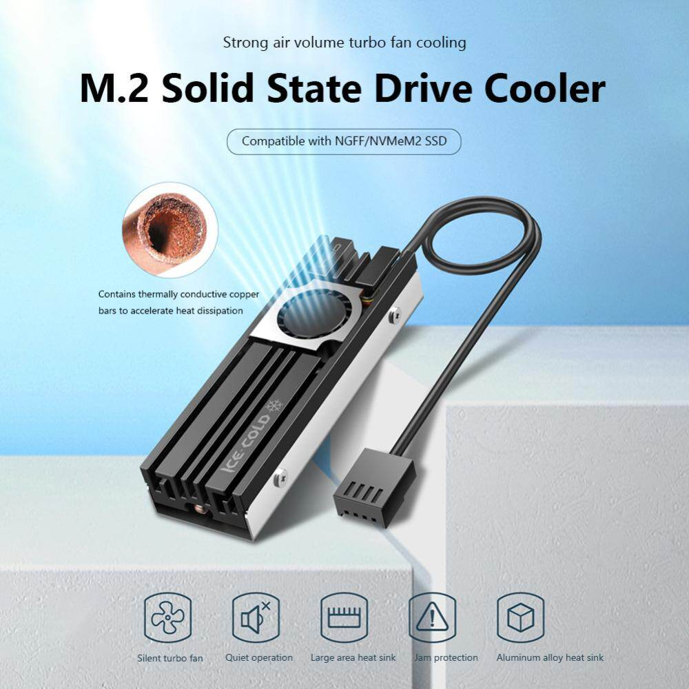 Ineo M.2 Heatsink SSD Cooler With 20mm Cooling Fan - Model C2600-II For Nvme 2280 SSD - a black and silver metal heatsink with an integrated cooling fan, a 4-pin connector, and a copper heat pipe.